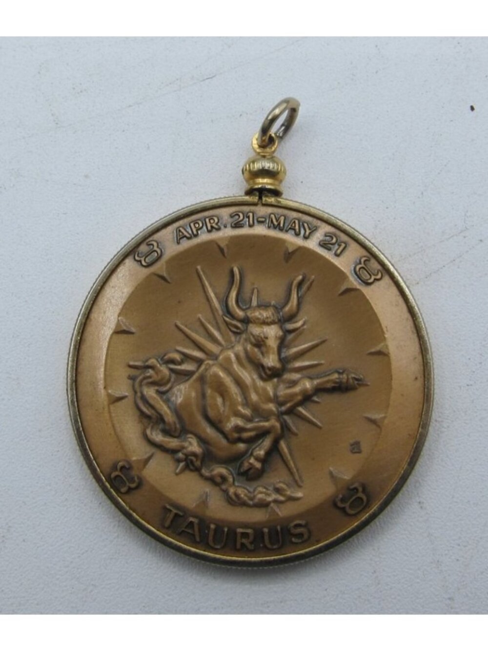 Taurus Zodiac Pendant Bronz-Tone Astrology Charm Double-Sided With Bull Design &